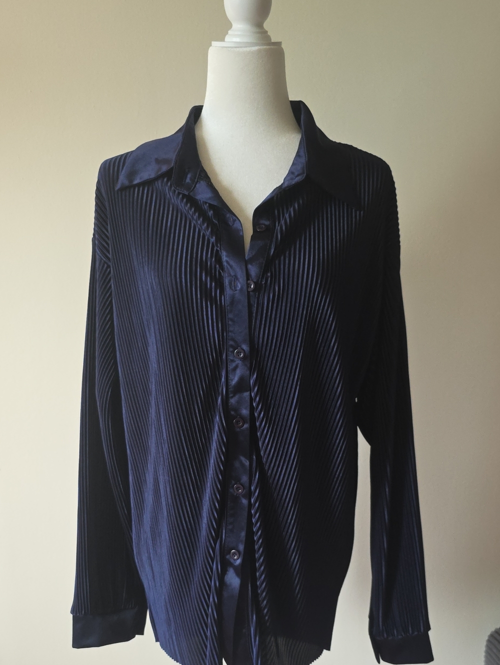 Satin Pleated Navy Button-Front Blouse